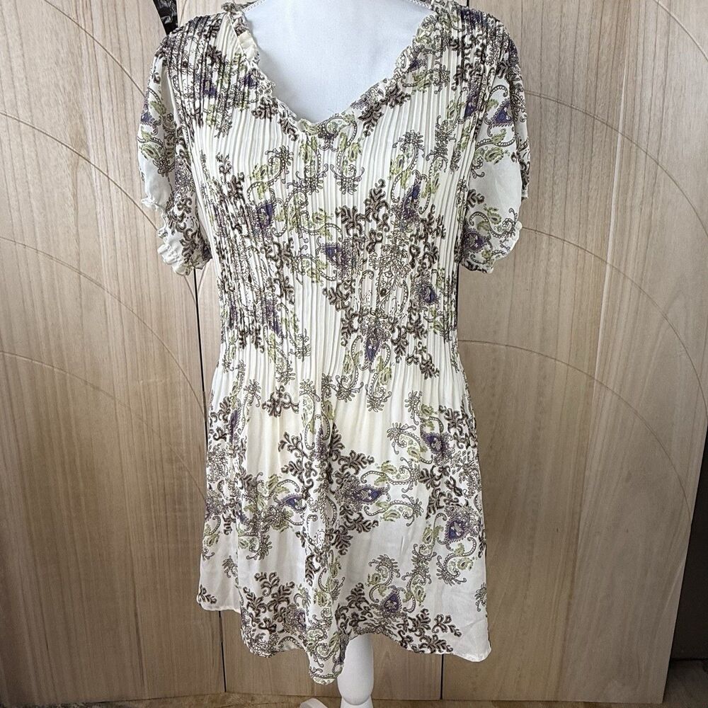 Dressbarn Woman 14/16 Paisley Pleated Tunic Blouse Ruffle Sleeve Boho Top